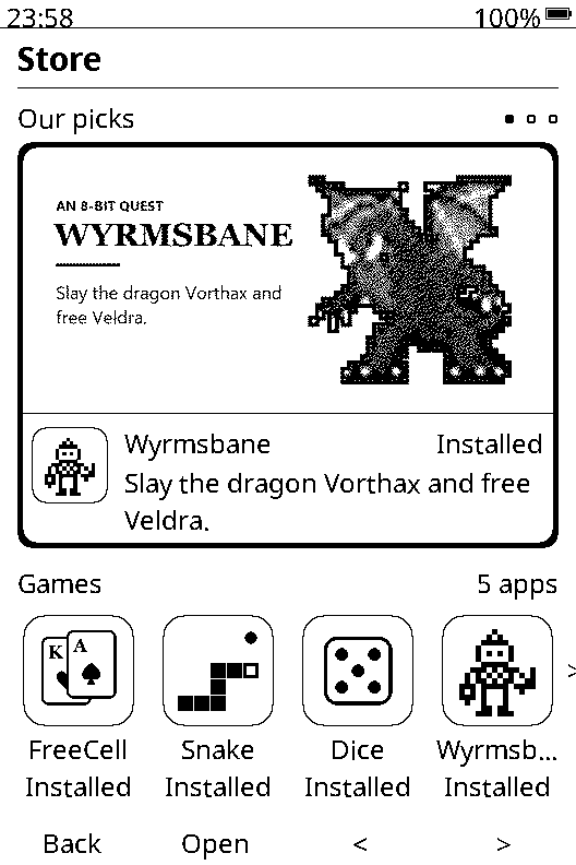 The Store with Our picks featuring Wyrmsbane and a shelf of five games
